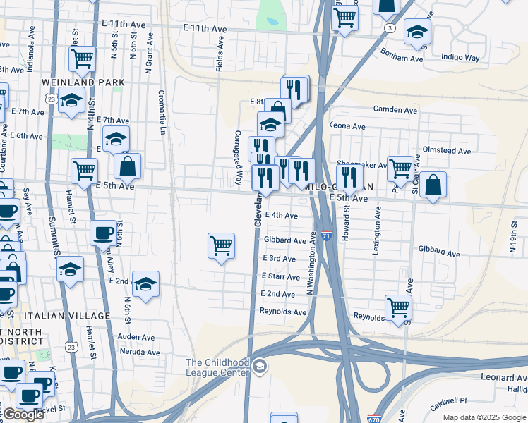 map of restaurants, bars, coffee shops, grocery stores, and more near 1052 Cleveland Avenue in Columbus