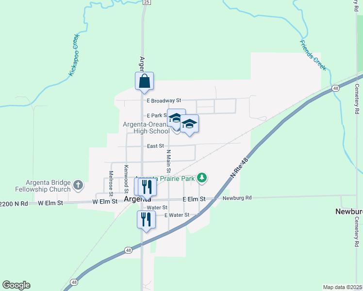 map of restaurants, bars, coffee shops, grocery stores, and more near East Street in Argenta