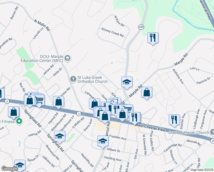 map of restaurants, bars, coffee shops, grocery stores, and more near 2633 Kirk Avenue in Broomall