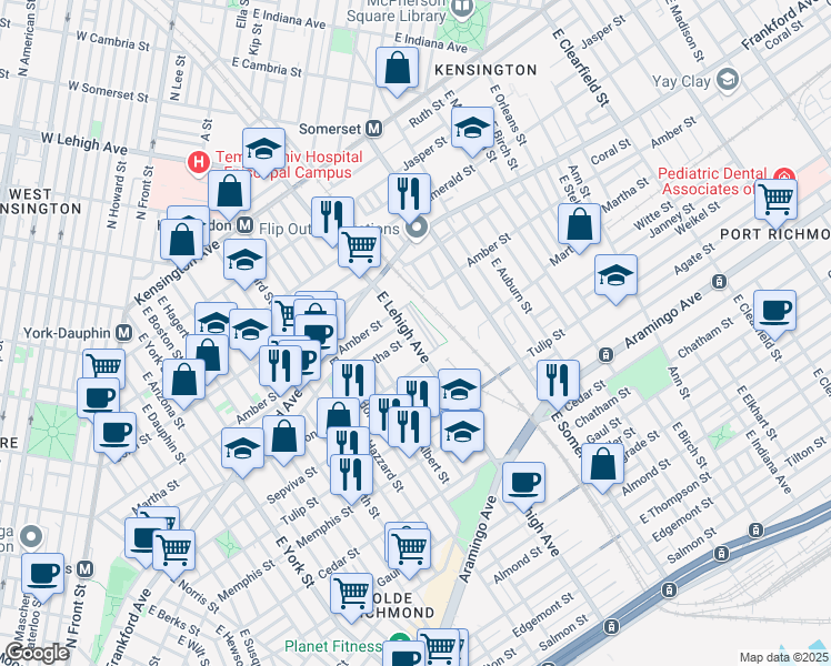 map of restaurants, bars, coffee shops, grocery stores, and more near 2123 East Lehigh Avenue in Philadelphia