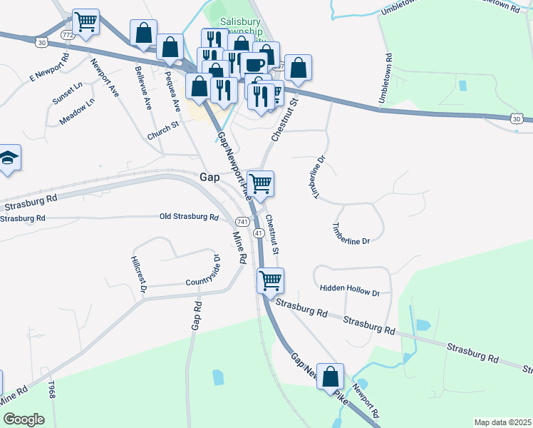 map of restaurants, bars, coffee shops, grocery stores, and more near 866 Chestnut Street in Gap