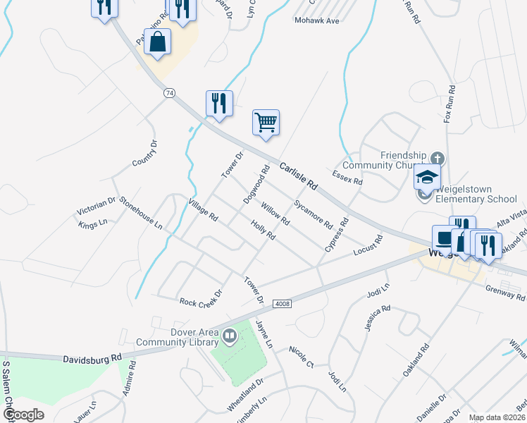 map of restaurants, bars, coffee shops, grocery stores, and more near 3530 Willow Road in Dover