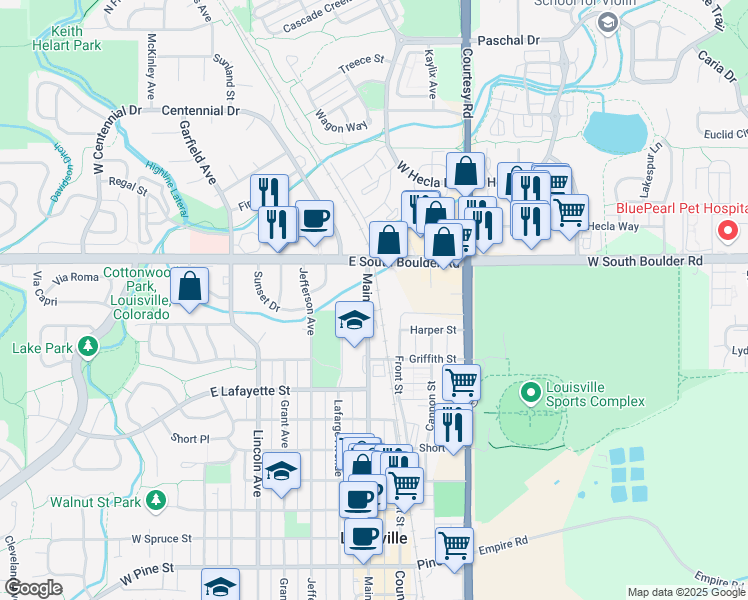 map of restaurants, bars, coffee shops, grocery stores, and more near 1524 Main Street in Louisville