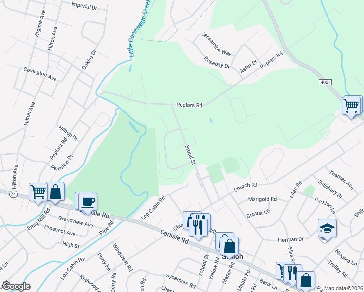 map of restaurants, bars, coffee shops, grocery stores, and more near 2606 Broad Street in York