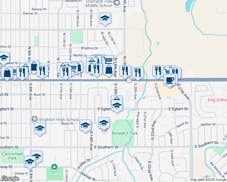 map of restaurants, bars, coffee shops, grocery stores, and more near 73 South 18th Avenue in Brighton
