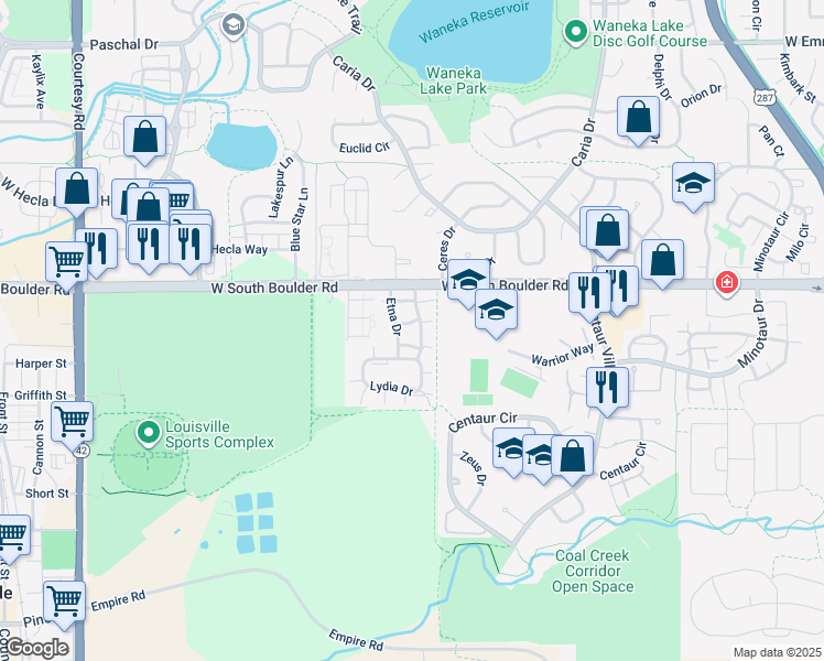 map of restaurants, bars, coffee shops, grocery stores, and more near 1402 Etna Drive in Lafayette