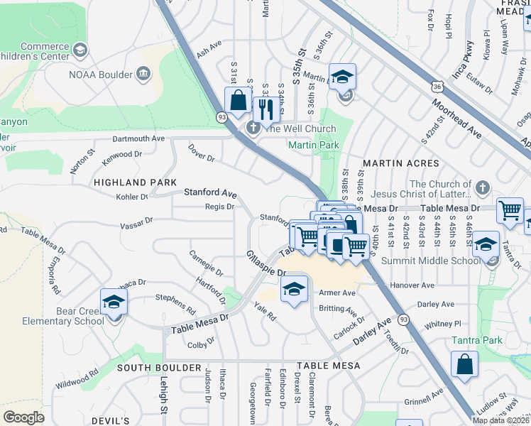 map of restaurants, bars, coffee shops, grocery stores, and more near 3407 Stanford Avenue in Boulder