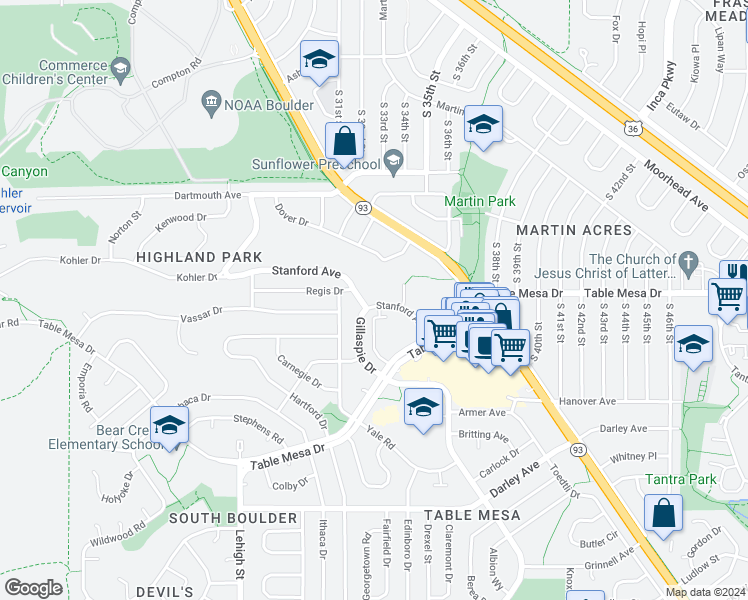 map of restaurants, bars, coffee shops, grocery stores, and more near 535 Gillaspie Drive in Boulder