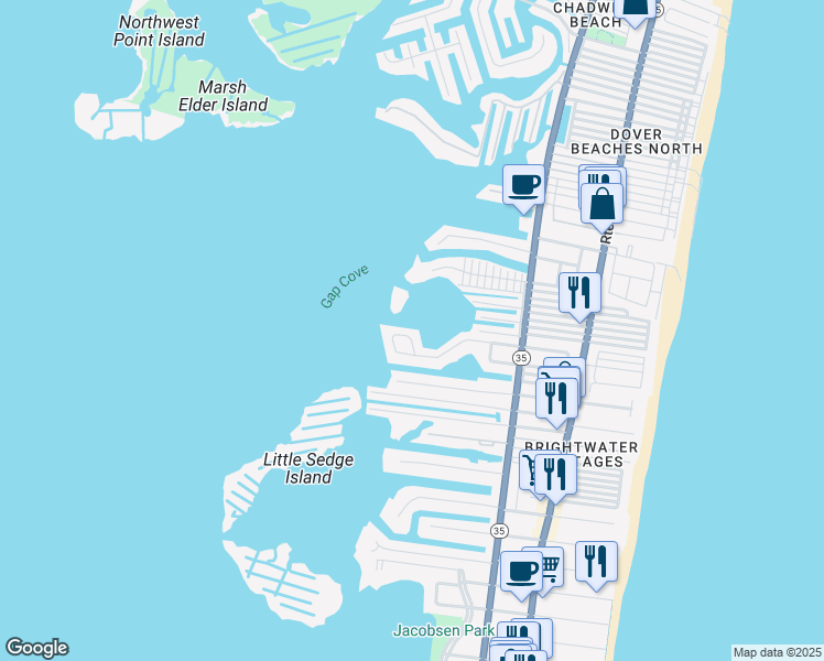 map of restaurants, bars, coffee shops, grocery stores, and more near 283 Monterey Circle in Lavallette