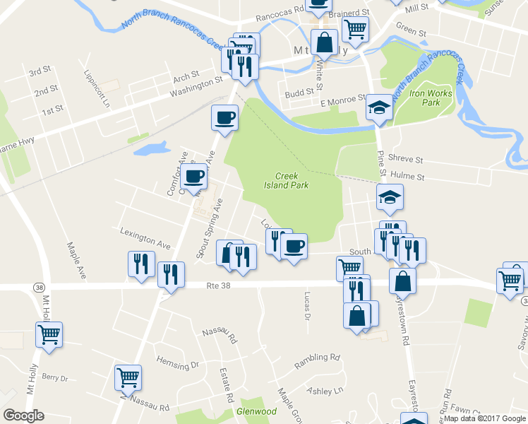 map of restaurants, bars, coffee shops, grocery stores, and more near 33 Lois Lane in Mount Holly