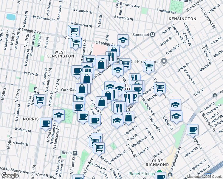 map of restaurants, bars, coffee shops, grocery stores, and more near 2007 East Cumberland Street in Philadelphia