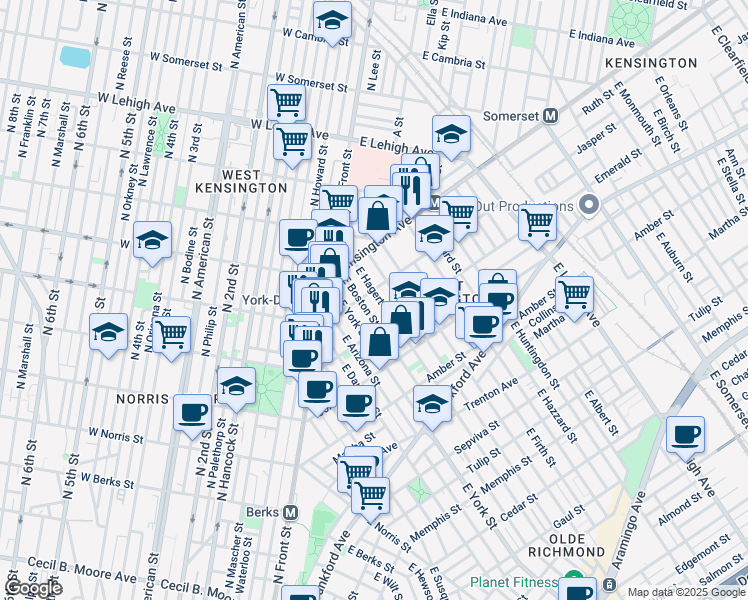 map of restaurants, bars, coffee shops, grocery stores, and more near 2421 Jasper Street in Philadelphia