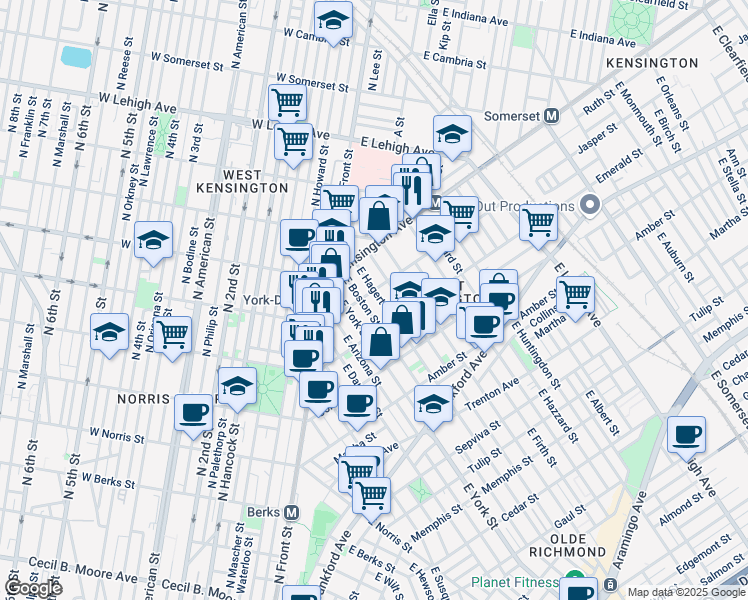 map of restaurants, bars, coffee shops, grocery stores, and more near 2421 Jasper Street in Philadelphia
