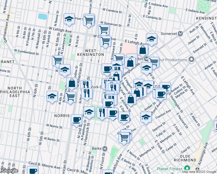 map of restaurants, bars, coffee shops, grocery stores, and more near 2345 North Howard Street in Philadelphia