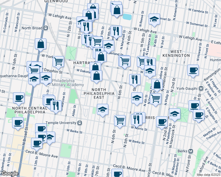 map of restaurants, bars, coffee shops, grocery stores, and more near 2224 North 7th Street in Philadelphia