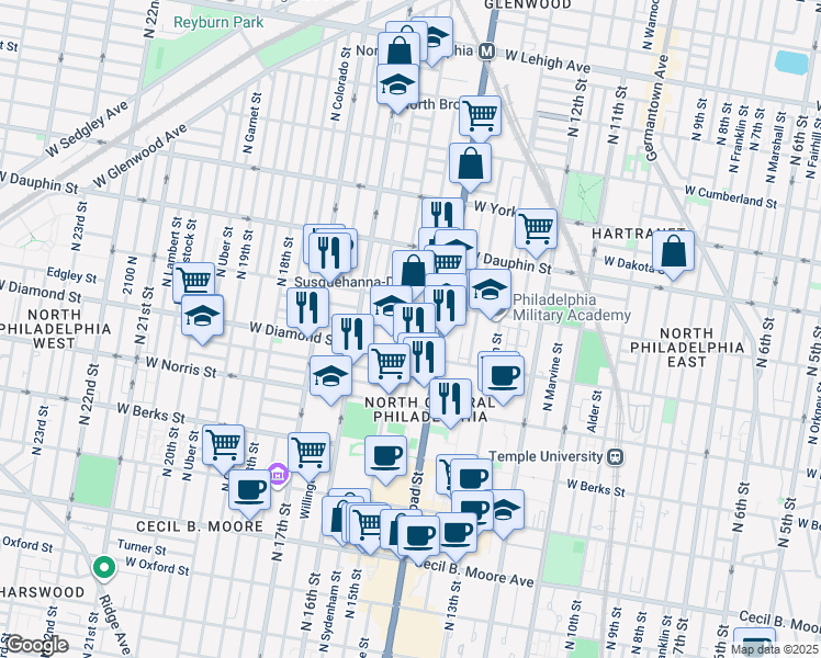 map of restaurants, bars, coffee shops, grocery stores, and more near 2126 North Carlisle Street in Philadelphia