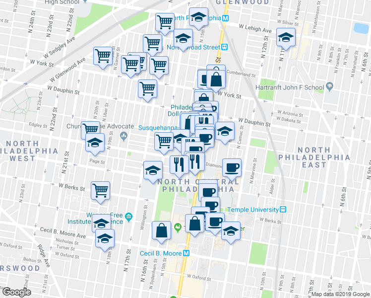 map of restaurants, bars, coffee shops, grocery stores, and more near 2126 North Carlisle Street in Philadelphia