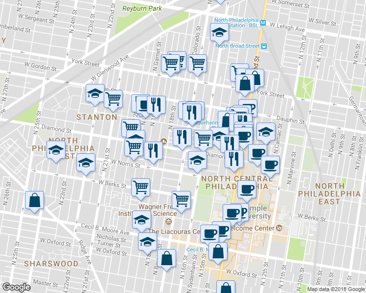 map of restaurants, bars, coffee shops, grocery stores, and more near 1703 West Diamond street in Philadelphia