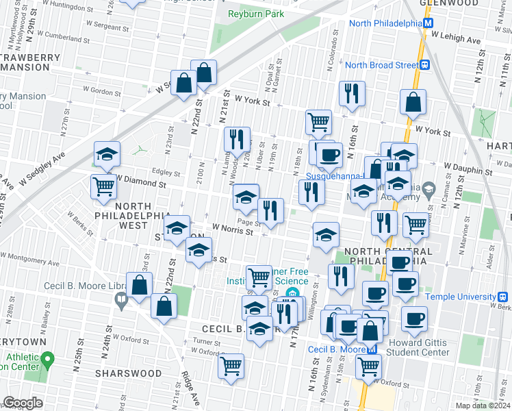 map of restaurants, bars, coffee shops, grocery stores, and more near in Philadelphia