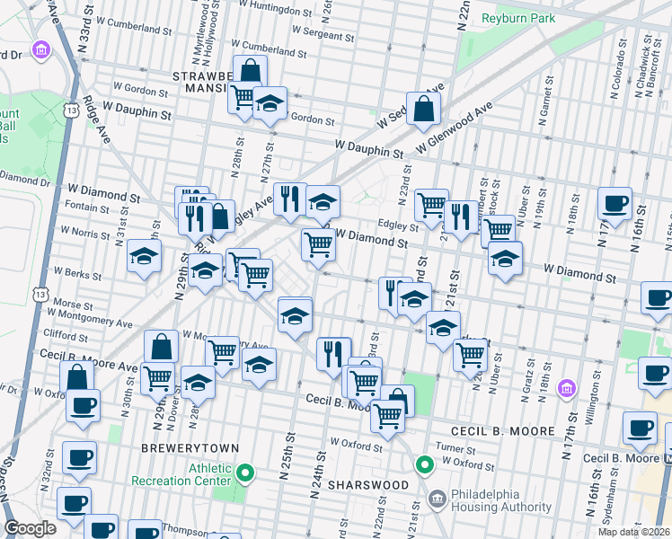 map of restaurants, bars, coffee shops, grocery stores, and more near 2429 West Norris Street in Philadelphia