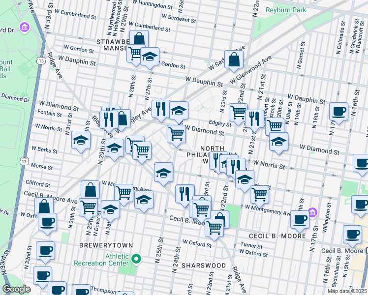 map of restaurants, bars, coffee shops, grocery stores, and more near 2429 West Norris Street in Philadelphia
