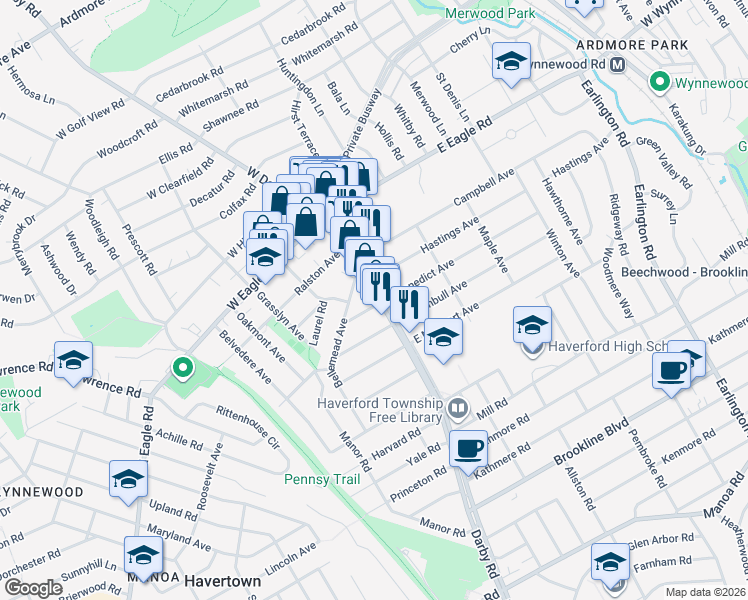 map of restaurants, bars, coffee shops, grocery stores, and more near 8 West Benedict Avenue in Havertown