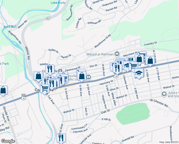 map of restaurants, bars, coffee shops, grocery stores, and more near 101 North 5th Avenue in Coatesville