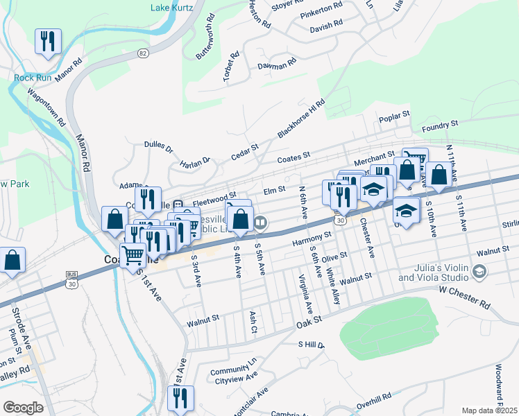 map of restaurants, bars, coffee shops, grocery stores, and more near 101 North 5th Avenue in Coatesville