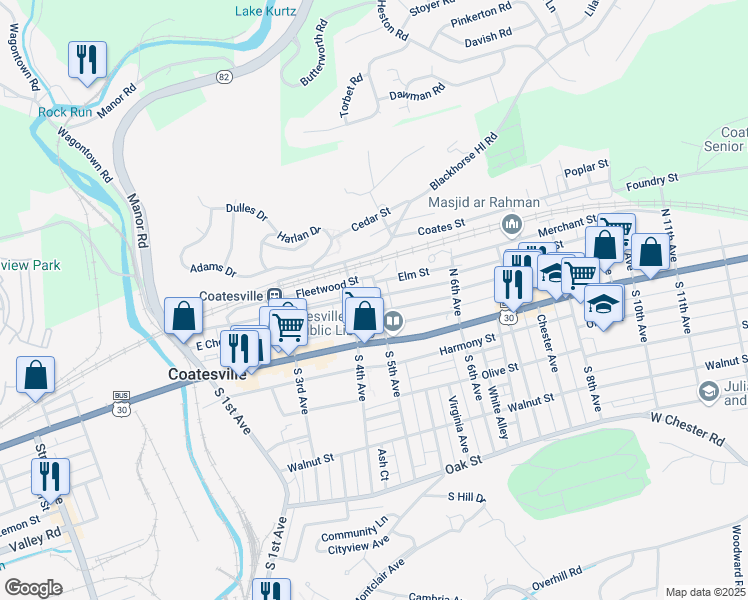map of restaurants, bars, coffee shops, grocery stores, and more near 101 North 5th Avenue in Coatesville
