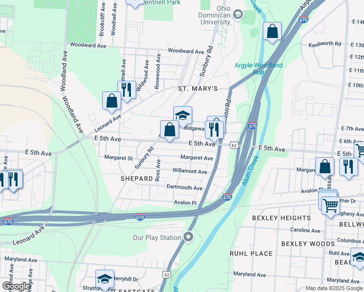 map of restaurants, bars, coffee shops, grocery stores, and more near 2201 East 5th Avenue in Columbus