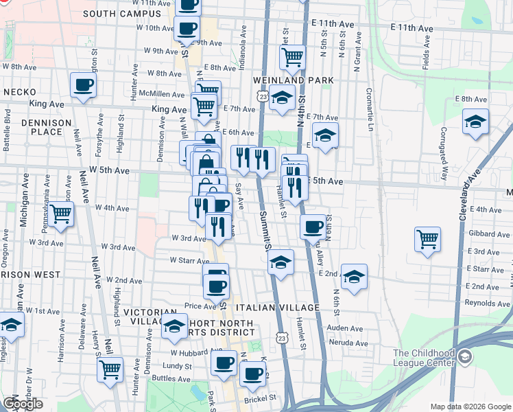 map of restaurants, bars, coffee shops, grocery stores, and more near 93 East 4th Avenue in Columbus