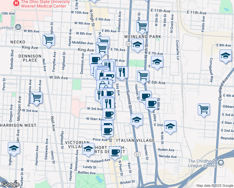 map of restaurants, bars, coffee shops, grocery stores, and more near 1130 Mount Pleasant Avenue in Columbus