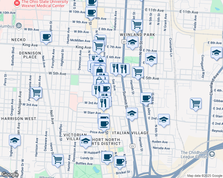 map of restaurants, bars, coffee shops, grocery stores, and more near 1130 Mount Pleasant Avenue in Columbus