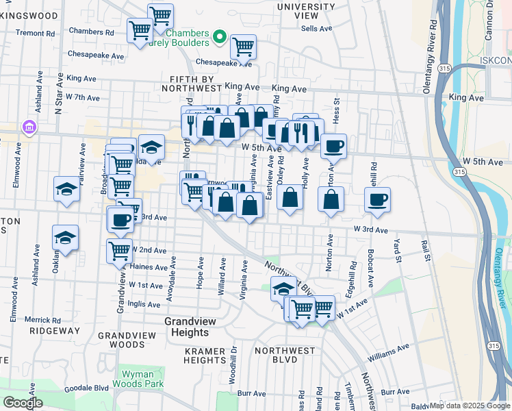 map of restaurants, bars, coffee shops, grocery stores, and more near 1200 West 3rd Avenue in Columbus
