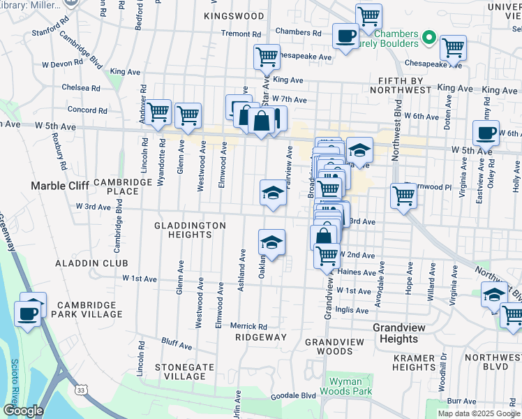 map of restaurants, bars, coffee shops, grocery stores, and more near 1626 West 3rd Avenue in Columbus