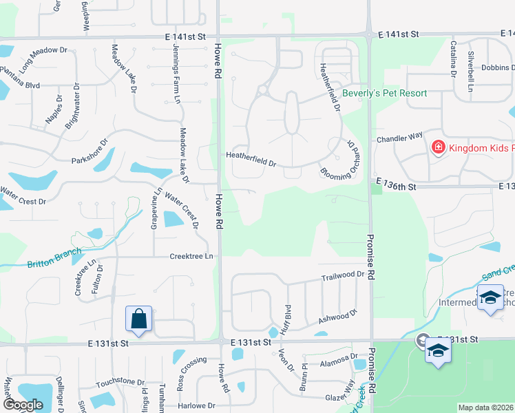 map of restaurants, bars, coffee shops, grocery stores, and more near 13320 Howe Road in Fishers