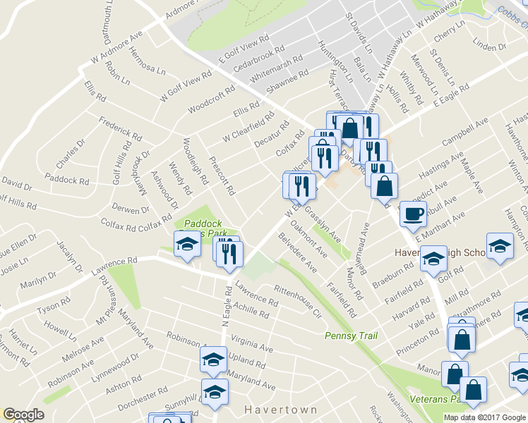 map of restaurants, bars, coffee shops, grocery stores, and more near 143 West Hillcrest Avenue in Havertown