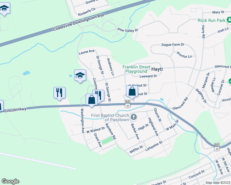 map of restaurants, bars, coffee shops, grocery stores, and more near 57 Saint George Street in Coatesville