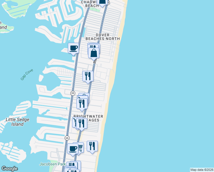 map of restaurants, bars, coffee shops, grocery stores, and more near 3182 East Atlantic Way in Lavallette