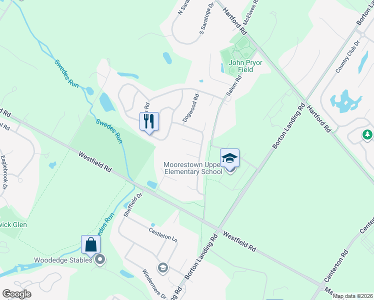 map of restaurants, bars, coffee shops, grocery stores, and more near 3 Heather Lane in Moorestown
