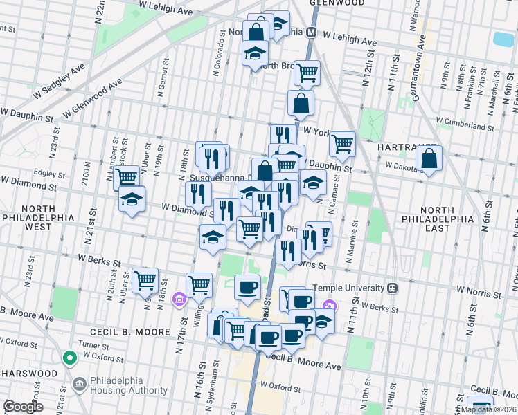 map of restaurants, bars, coffee shops, grocery stores, and more near 2126 North Carlisle Street in Philadelphia