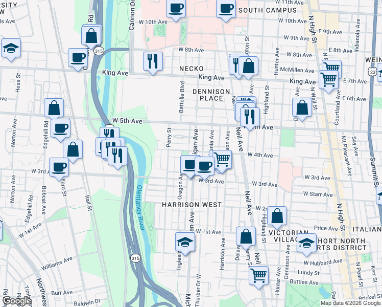 map of restaurants, bars, coffee shops, grocery stores, and more near 443 West 4th Avenue in Columbus