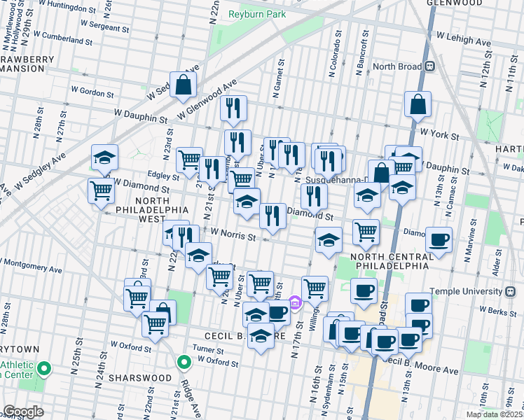 map of restaurants, bars, coffee shops, grocery stores, and more near 1904 West Diamond street in Philadelphia