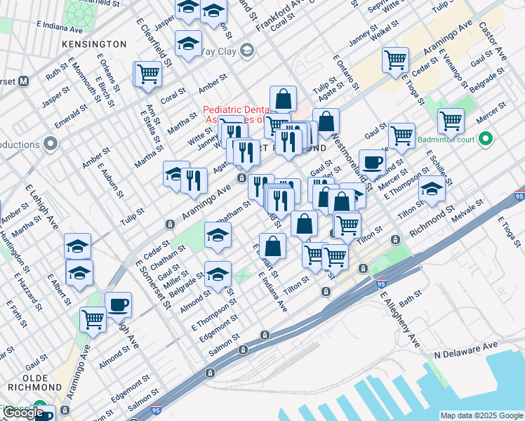 map of restaurants, bars, coffee shops, grocery stores, and more near 2500 East Clearfield Street in Philadelphia