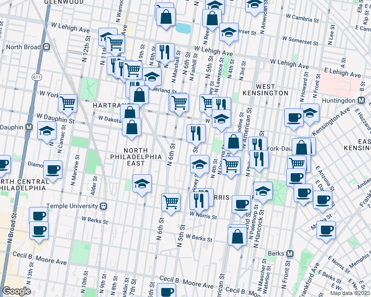map of restaurants, bars, coffee shops, grocery stores, and more near 2242 North Reese Street in Philadelphia