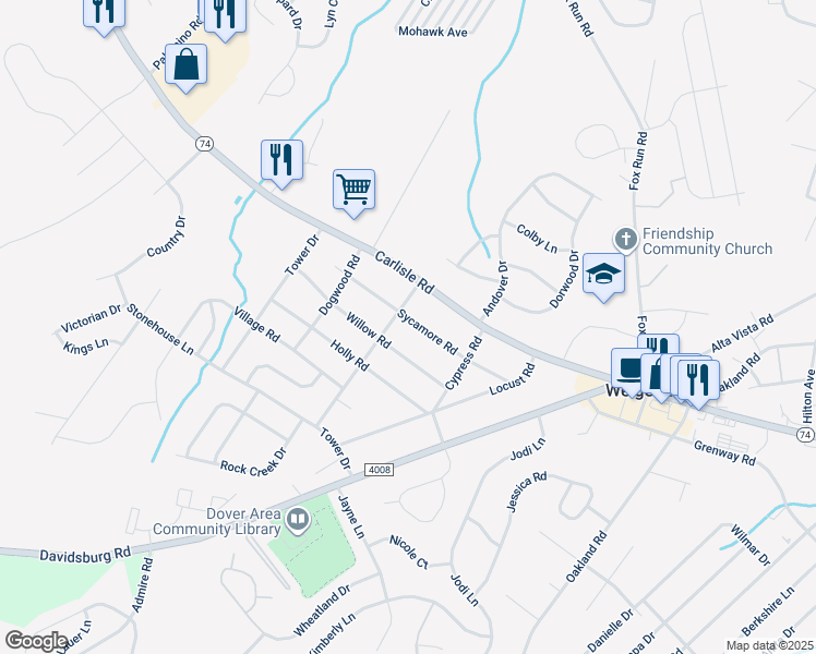 map of restaurants, bars, coffee shops, grocery stores, and more near 3480 Sycamore Road in Dover