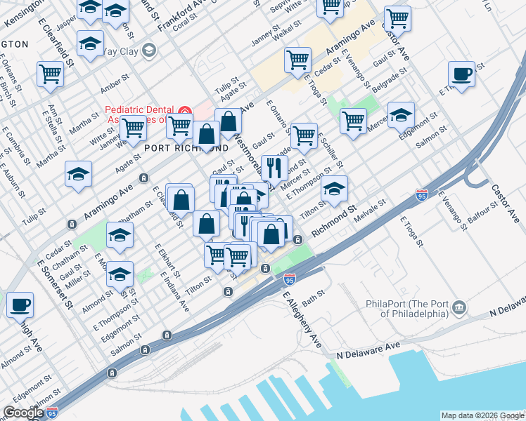 map of restaurants, bars, coffee shops, grocery stores, and more near 2630 East Madison Street in Philadelphia