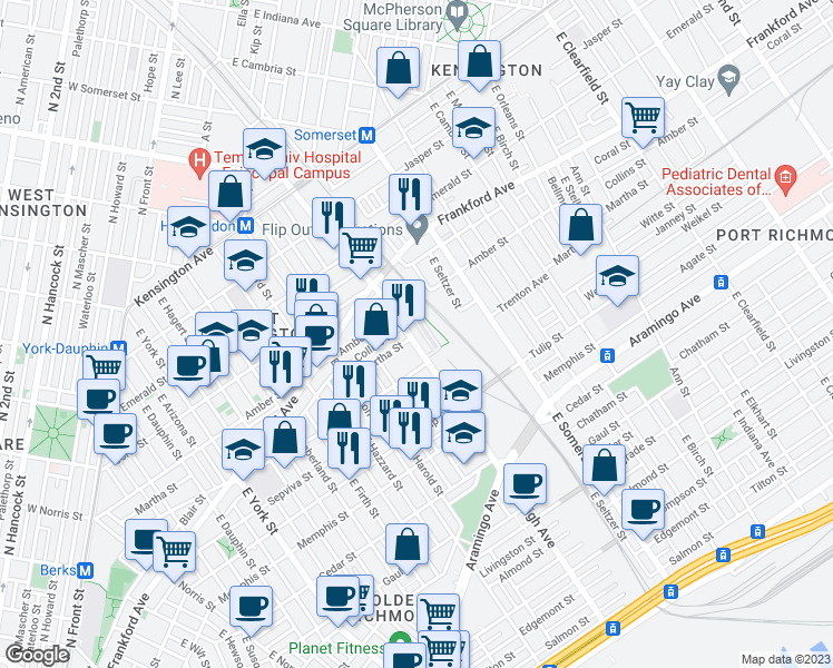 map of restaurants, bars, coffee shops, grocery stores, and more near 2125 East Lehigh Avenue in Philadelphia