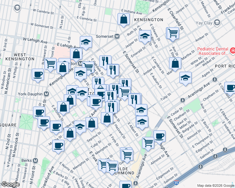 map of restaurants, bars, coffee shops, grocery stores, and more near 2693 Collins Street in Philadelphia