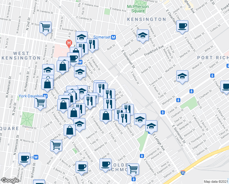 map of restaurants, bars, coffee shops, grocery stores, and more near 2653 Amber Street in Philadelphia